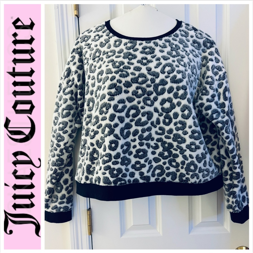 Juicy Couture Sweater women’s sz L Gray/Black/White Leopard, Crewneck, Faux Fur
